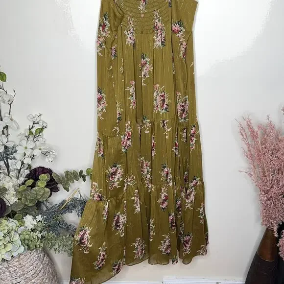 MADEWELL Cami Tier Midi Dress Metallic Classic Floral Olive Green Sz 8 {S53}